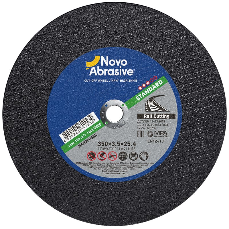 قرص قطع NovoAbrasive ستاندرد 41، أبعاده 350 × 3.5 × 25.4 مم، مثبت على سكة، بسرعة 100 م/ث