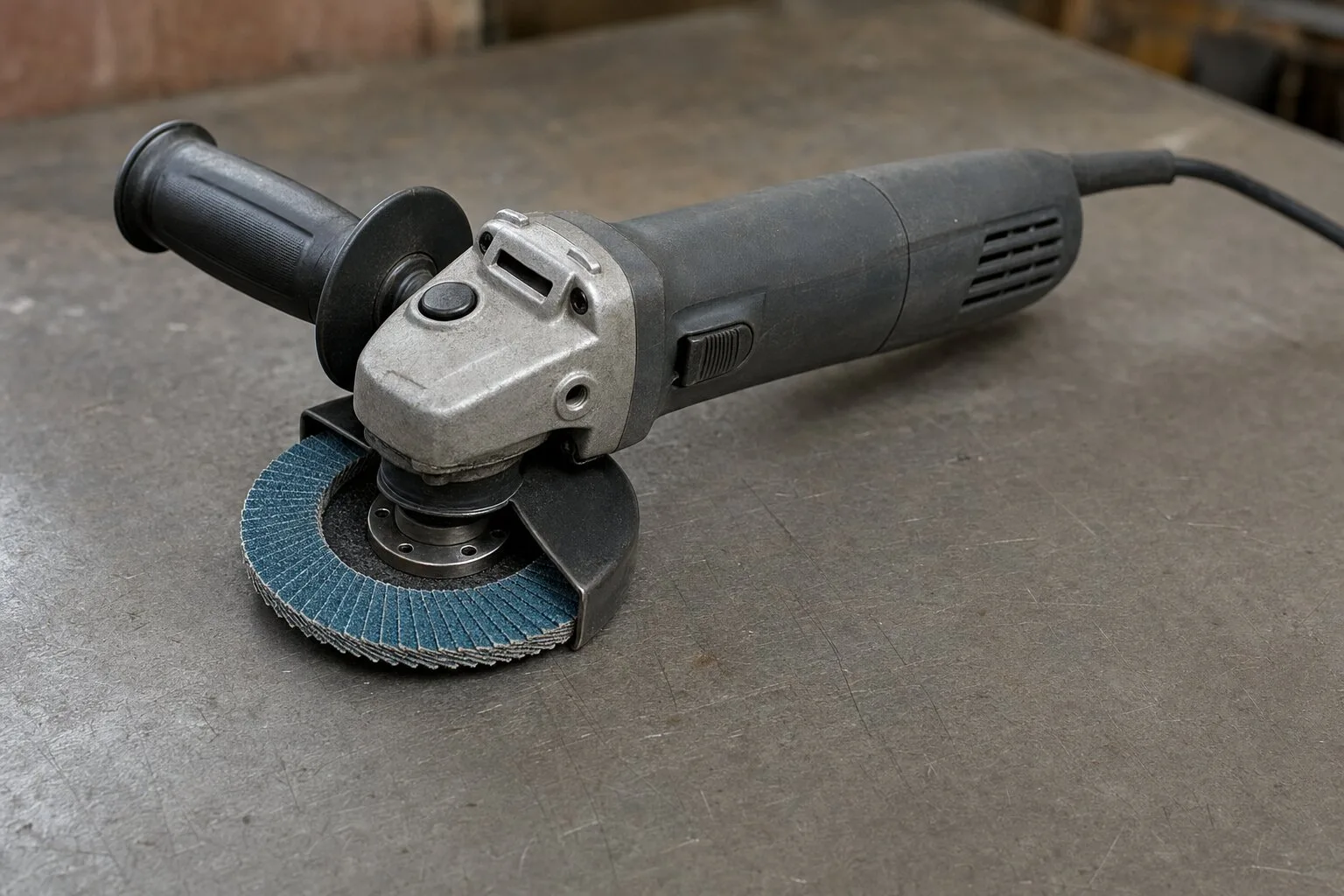 Flap discs of different grits on the workbench