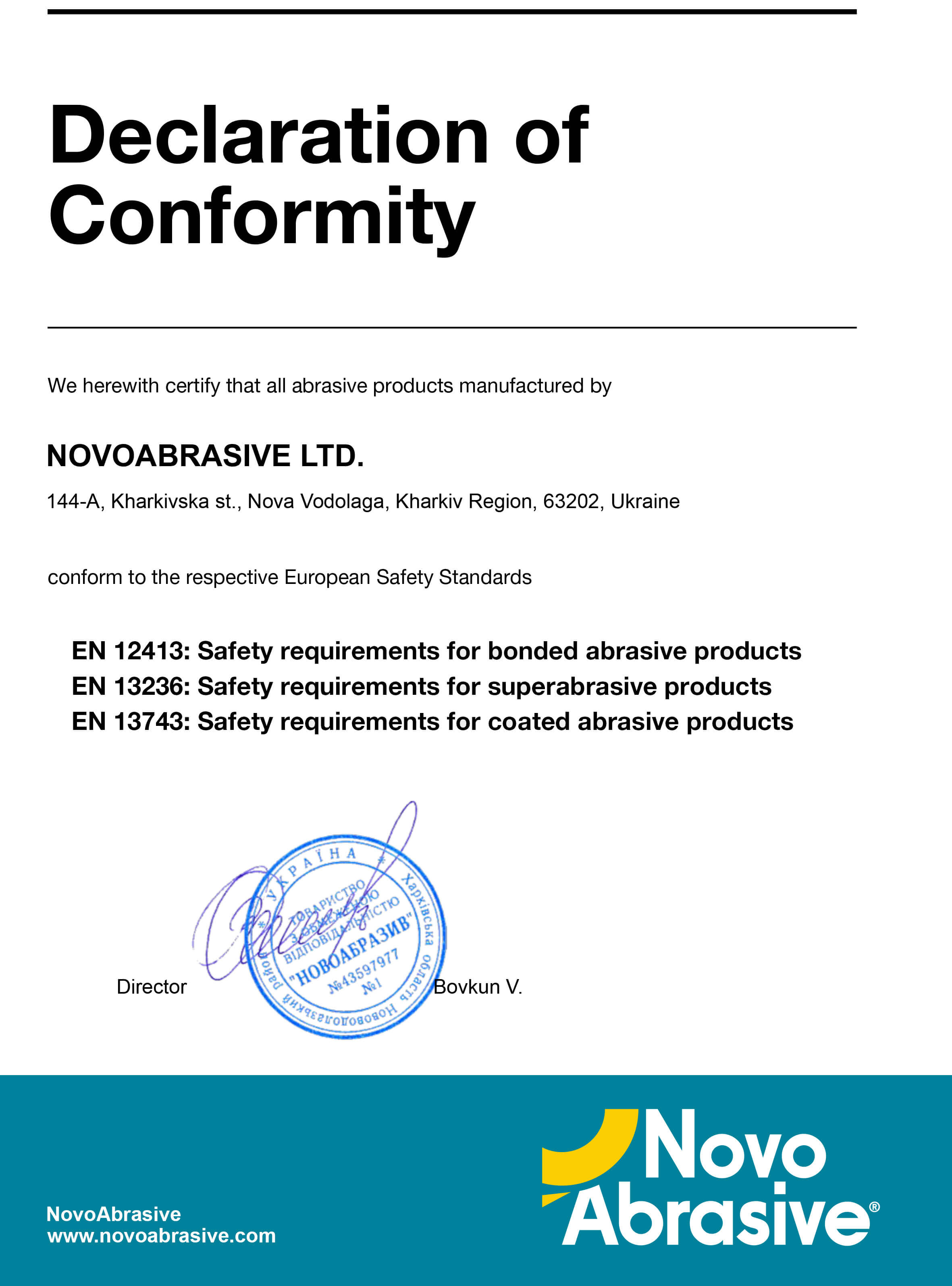 Certificate of Conformity — NovoAbrasive