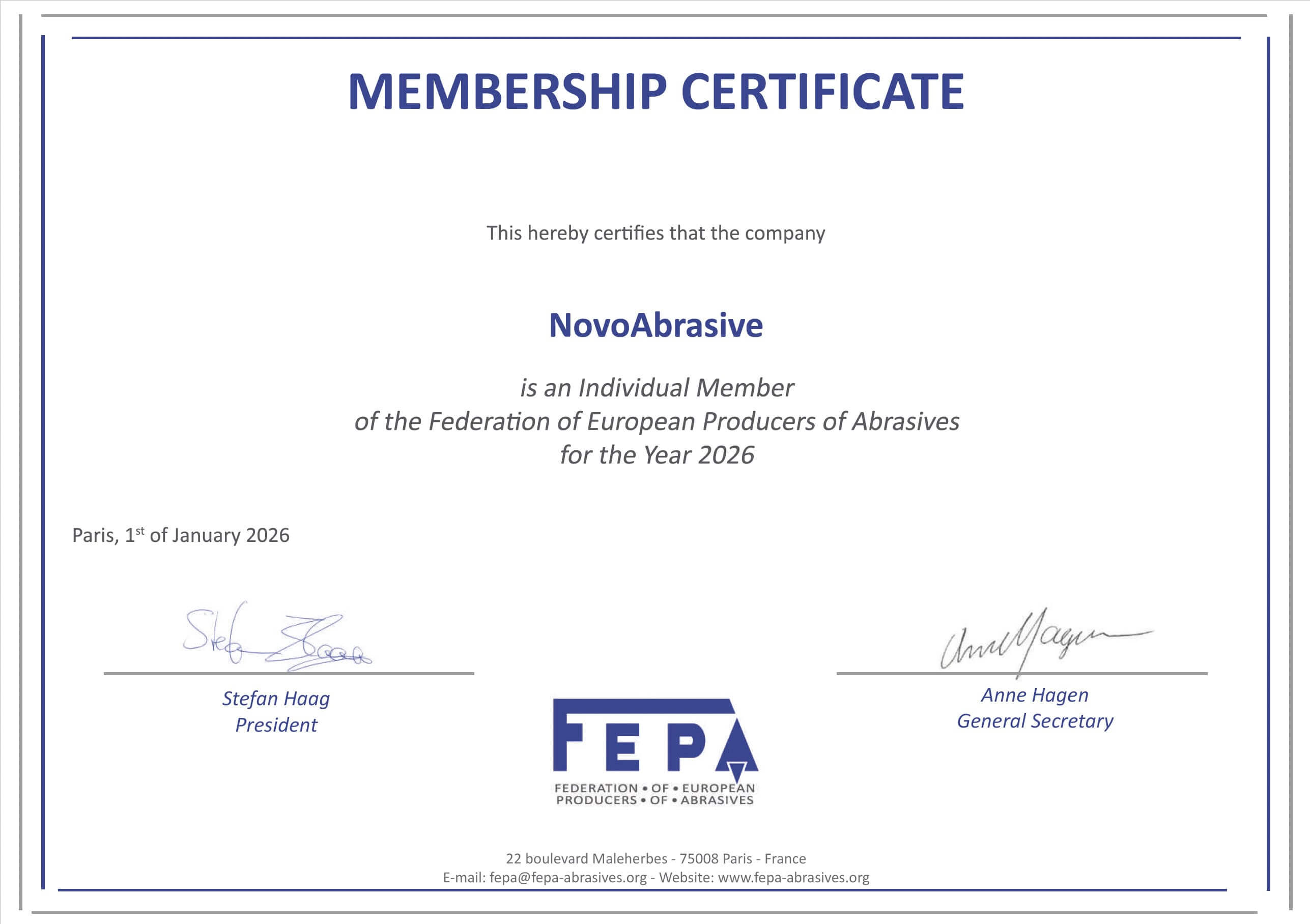 Сертифікат FEPA membership — NovoAbrasive