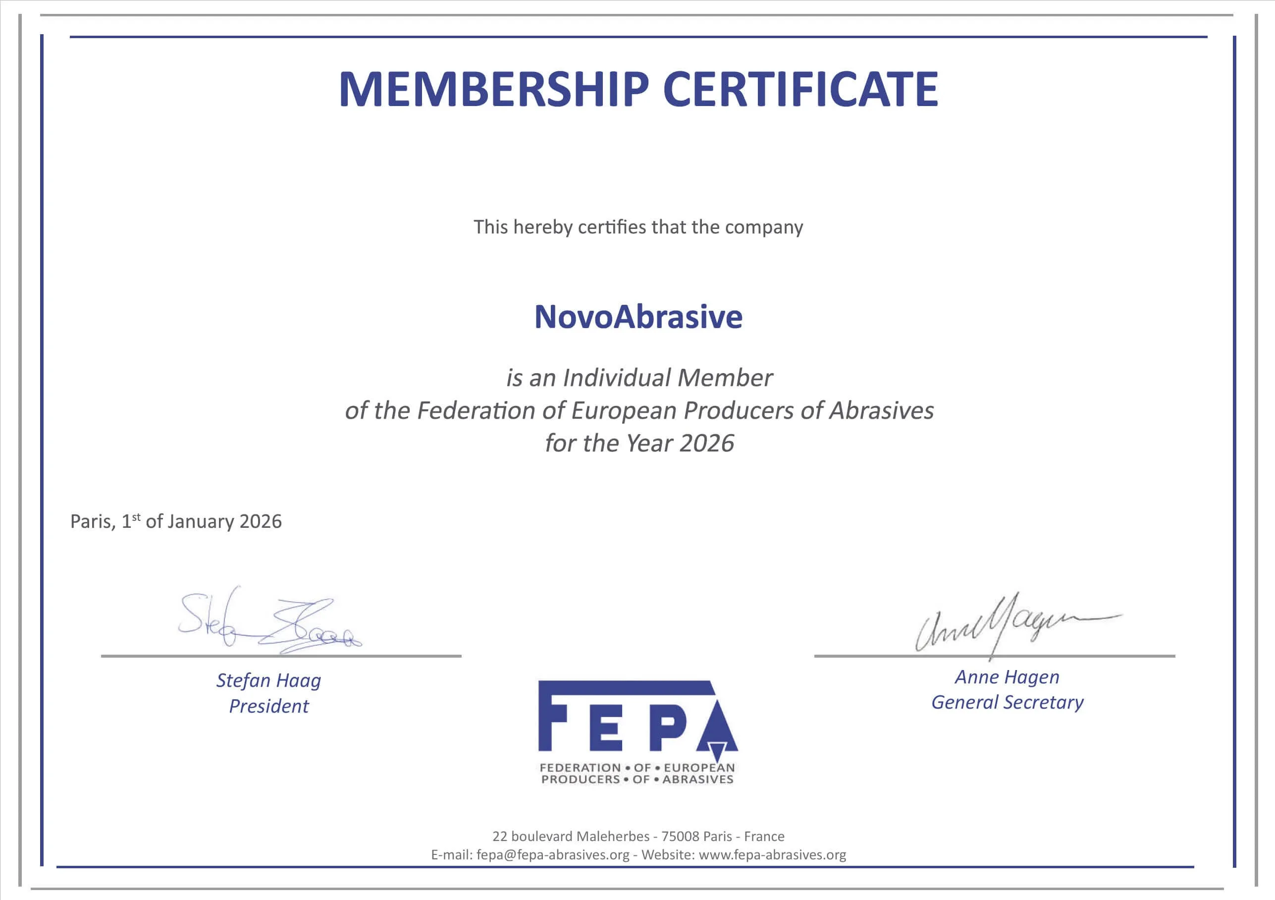 Certyfikat członkostwa FEPA — NovoAbrasive