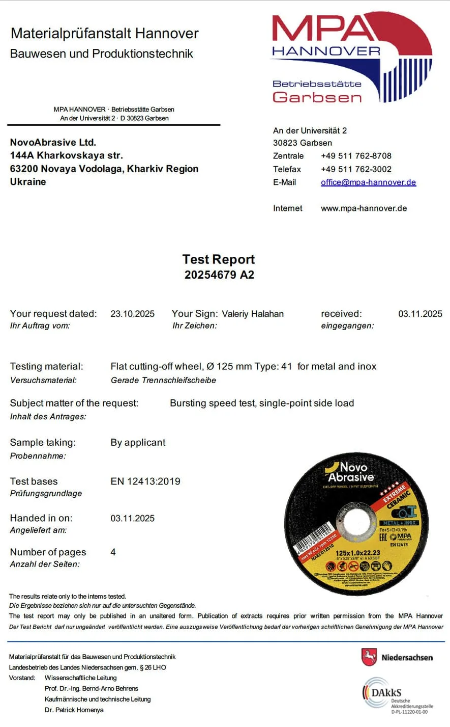 Raport z testu bezpieczeństwa MPA 125×1,0 NovoAbrasive Extreme