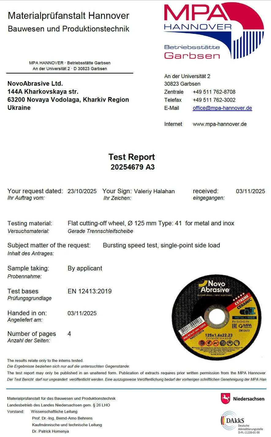 Raport z testu bezpieczeństwa MPA 125×1,6 NovoAbrasive Extreme