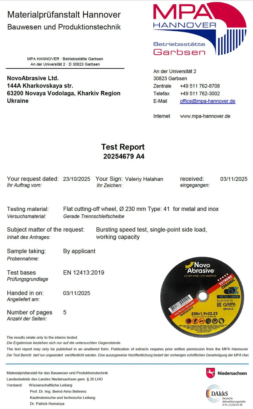 Raport z testu bezpieczeństwa MPA 230×1,9 NovoAbrasive Extreme