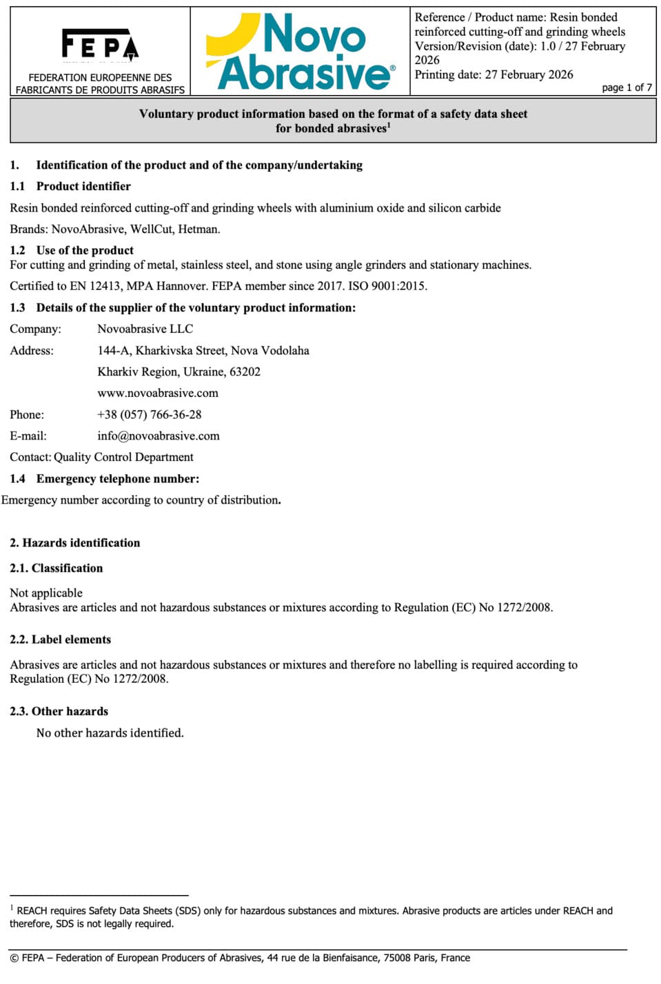 Voluntary Product Information (VPI) — NovoAbrasive