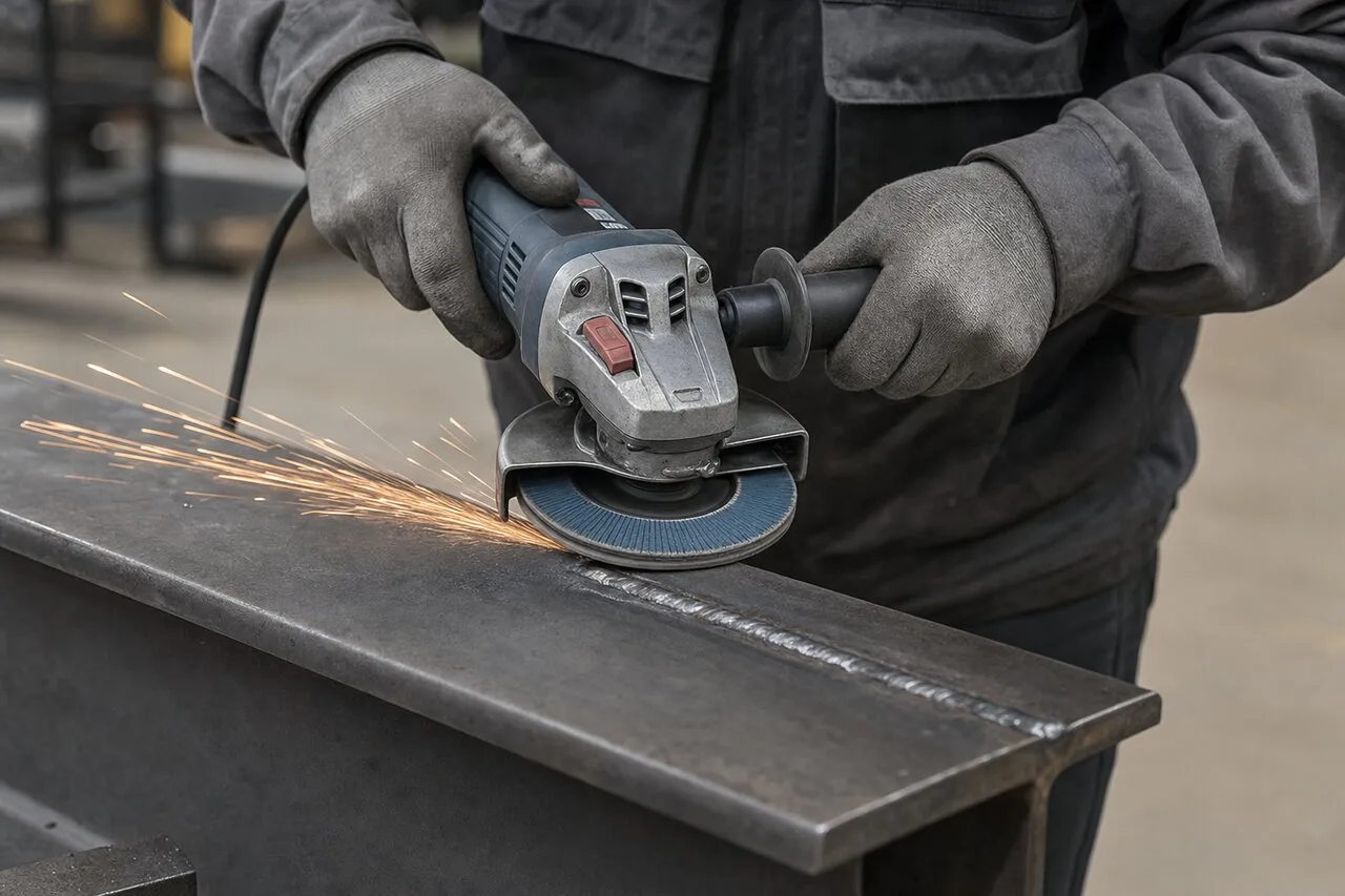Обробка зварного шва пелюстковим кругом NovoAbrasive під невеликим кутом, правильний хват за бічну рукоятку
